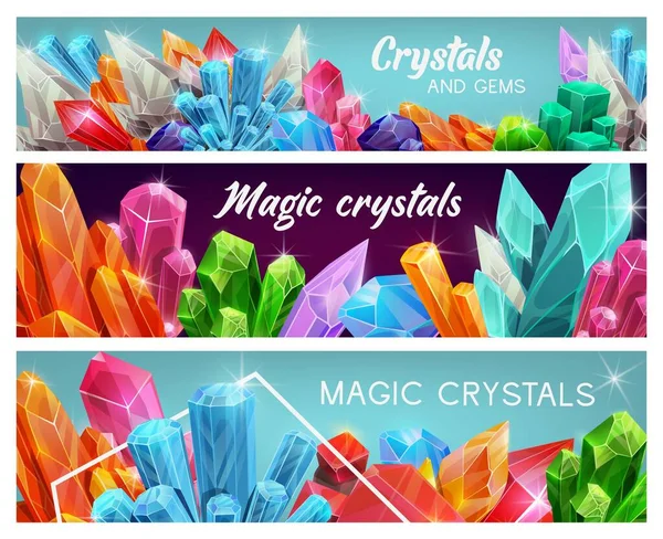 Magische Kristallsteine Edelsteine Cartoon Vektor Juwel Natürliche Farbenfrohe Schmuckstücke Und — Stockvektor