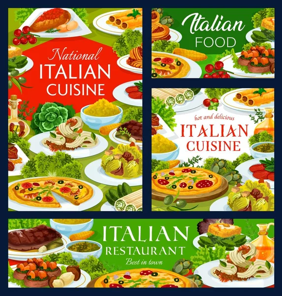 Cocina Italiana Comidas Banderas Vectoriales Camarones Tagliatelle Pizza Marinara Ensalada — Vector de stock