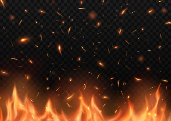 粒子が飛んでベクトル燃焼キャンプファイヤー炎と現実的な火災 メンバーとシンダー 燃焼3Dたき火 炎効果 輝き輝くフレア 鍛冶屋や地獄からの熱舌 — ストックベクタ