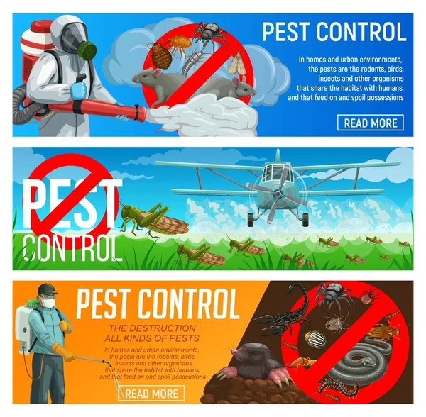 Pest Control Service Vector Banners Exterminators Agriculture Airplane Spraying Insecticide — Stock Vector