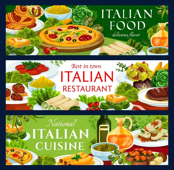 Bandiere Vettoriali Ristorante Italiano Con Pasti Pizza Con Salame Spaghetti — Vettoriale Stock