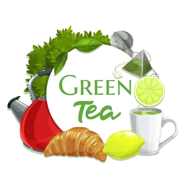Green Tea Vector Banner Herbal Beverage Brew Pyramid Bag Teapot — Stock Vector