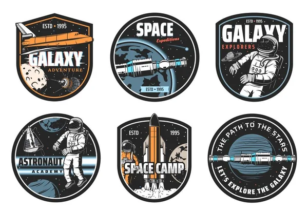 Galaksi Kaşifi Uzay Yolculuğu Astronot Akademisi Ikonları Mekik Uzay Gemisi — Stok Vektör