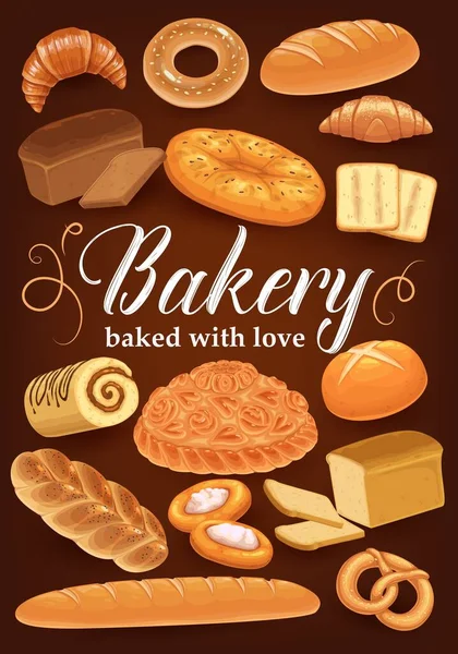 Пекарный Хлеб Пирожные Десерты Круассан Векторный Плакат Багетом Магазин Выпечки — стоковый вектор