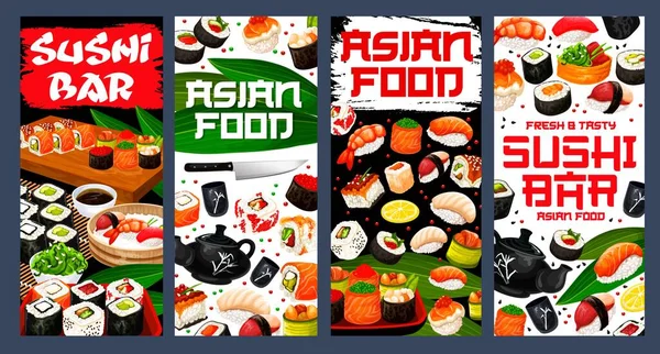 Σούσι Μπαρ Ασιατικό Πανό Διάνυσμα Τροφίμων Ιαπωνικό Εστιατόριο Σούσι Ρολά — Διανυσματικό Αρχείο