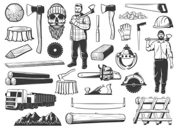 伐木工人 伐木工人和伐木工人 木材业和林业 伐木工木工人头戴帽子 锯木和伐木机 圆木和树桩的头盖骨 — 图库矢量图片