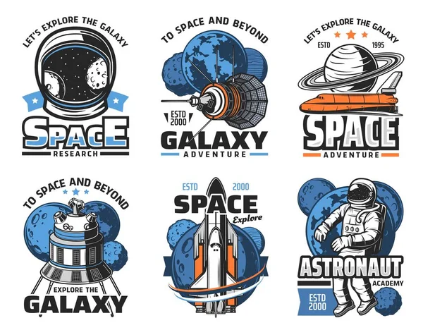 Aventura Espacial Iconos Vectoriales Exploración Galaxias Astronauta Espacio Exterior Transbordador — Archivo Imágenes Vectoriales