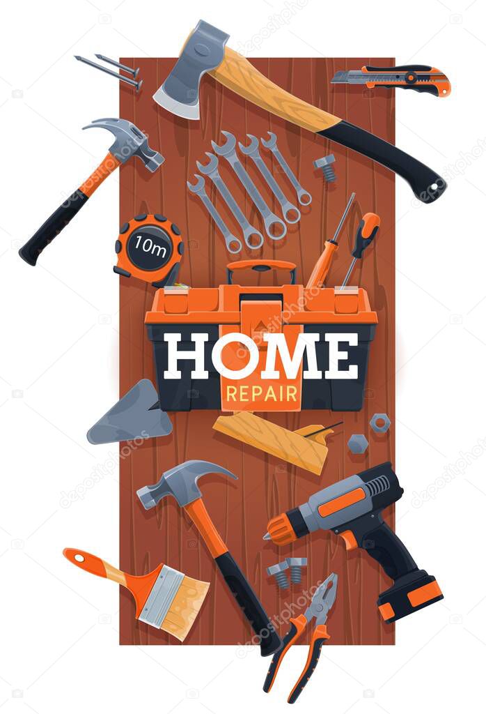 Home repair hand tools kit. Toolbox, ax and hammer, spanners or wrenches, power screwdriver, pliers and utility knife, jack plane, trowel and paint brush, measuring tape, nail, bolt and hut vector