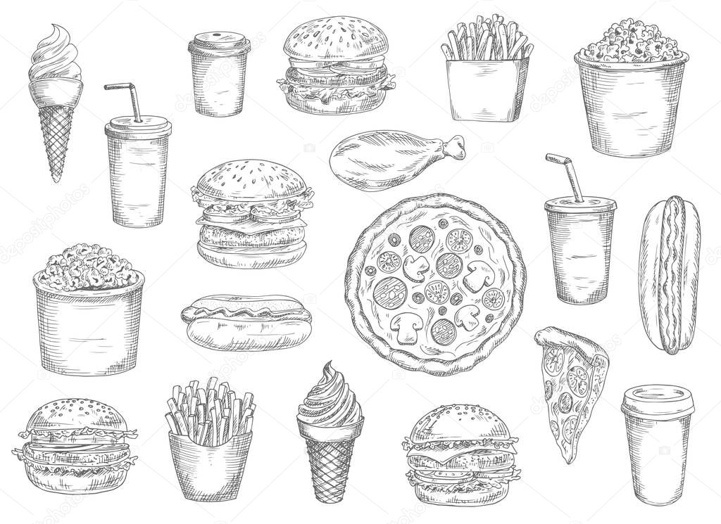 Sketch fast food meals isolated vector icons ice cream in waffle cone, soda drink and burger with french fries. Chicken leg, pizza and hot dog with coffee and cheeseburger engraved monochrome signs