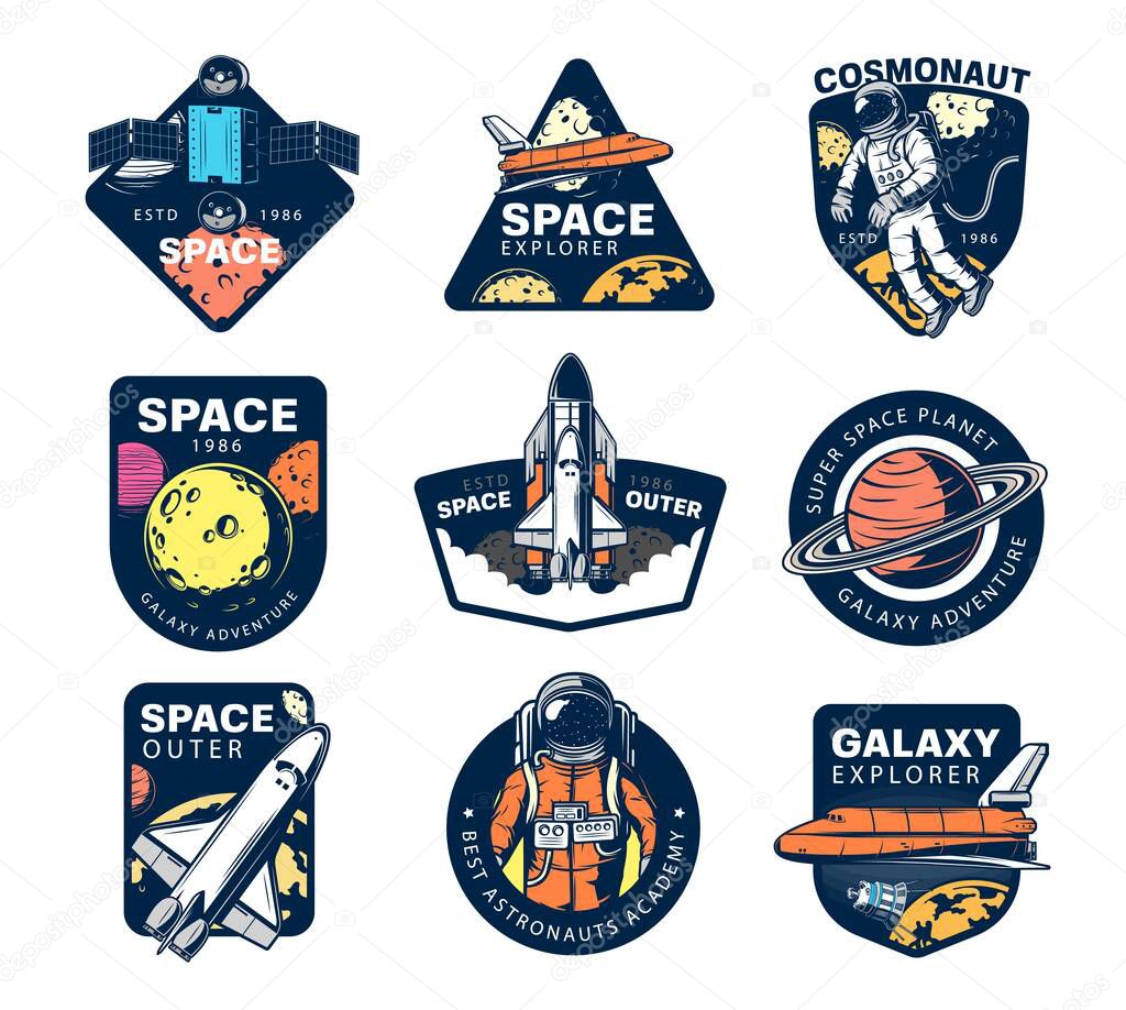 Galaxy explore vector icons. Astronaut, space shuttle and satellites in outer space. Universe expedition, exploration and adventure. Cosmos explorers and alien planet colonization mission retro labels