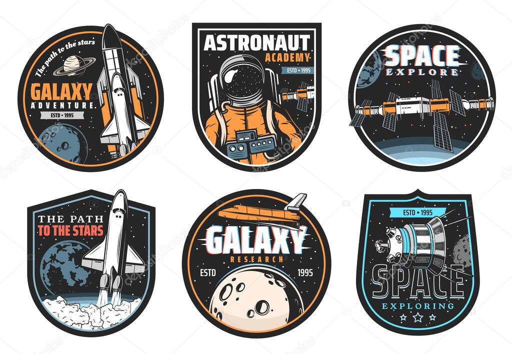Galaxy research, space explore and astronaut mission icons. Shuttle launch vehicle and orbiter flying in galaxy, satellite or telescope discovering planets and stars, space station module vector badge