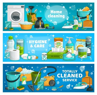 Housework utensils and laundry tools. Vector house cleaning supplies washing machine, basin with foam and toilet plunger. Wash detergent package, vacuum cleaner, gloves and brush, cartoon banners clipart