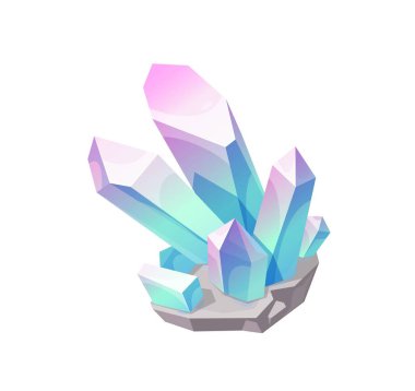 Sihirli kristal mücevher, vektör mavisi pembe mücevher taş mineral taşı. İzole edilmiş doğal turkuaz değerli taş, akuamarin, amazonit ya da zirkon. Çizgi film mücevheri ve jeoloji mi? oyun kristal simgesi