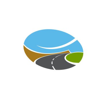 Yol, patika ya da otoyol izole edilmiş vektör simgesi. Ulaşım yolu, asfalt yol yeşil tarlalar, kayalar ve mavi gökyüzü, araba yolculuğu veya ulaşım navigasyon sembolü ile uzaklarda kayboluyor.