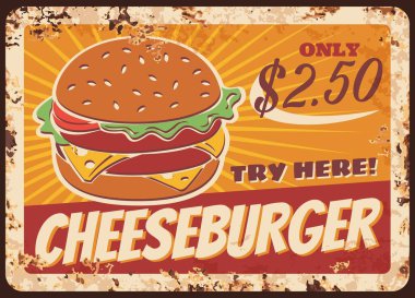 Çizburger fast food paslı metal plaka, vektör vintage konserve levhası. Peynirli klasik Amerikan hamburgeri, sokak abur cuburu retro posteri. Bistro paket servis menüsü, pahalı fiyat etiketi, fast food kafe reklamı.