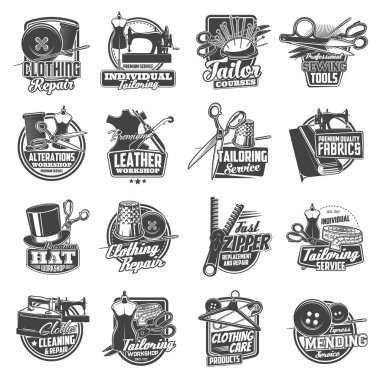 Dikiş ve terzi simgeleri, atölye ve terzinin vektör etiketleri. Terzi kadın ve giysi onarım servisi tabelaları, dikiş makinesi, iğneler ve iğneler, terzilik atölyesi düğmeleri ve iplik dikişi.