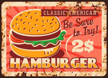 Hamburger fast food paslı metal plaka, vektör vintage konserve levhası. Klasik Amerikan hamburgeri sokak abur cuburu posteri. Bistro ya da restoran servis menüsü, fast food kafe için fahiş fiyat etiketi