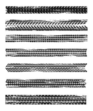 Tire prints, car tyre tracks isolated grunge vector marks. Bike race, vehicle, transportation dirty wheels trace. Abstract monochrome pattern, graphic texture, automobile or motorbike offroad print clipart