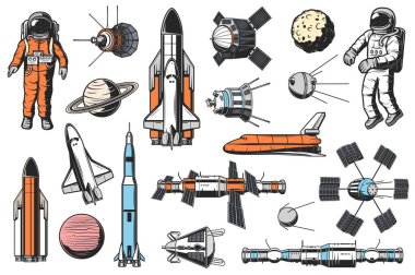 Uzay ve astronomi ikonları vektörü ayarlandı. Uzay giysisindeki astronot, uzay mekiği taşıyıcısı ve yörüngesi, yapay uydular ve uzay gemileri, yörüngesel uzay istasyonu ve güneş sistemi gezegen çizimleri.