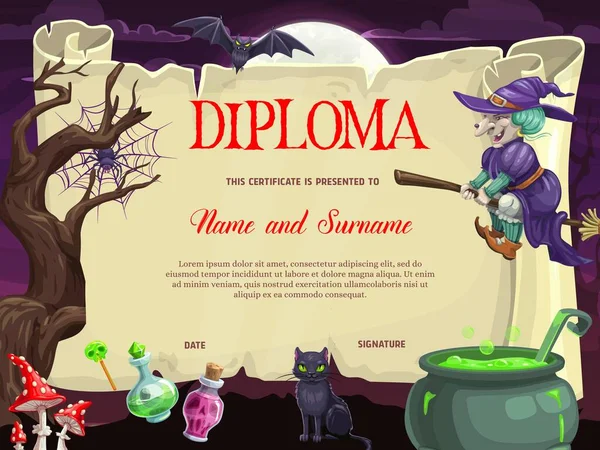 Kids Diploma Halloween Vector Witch Broom Black Cat Bat Spider — Stock Vector
