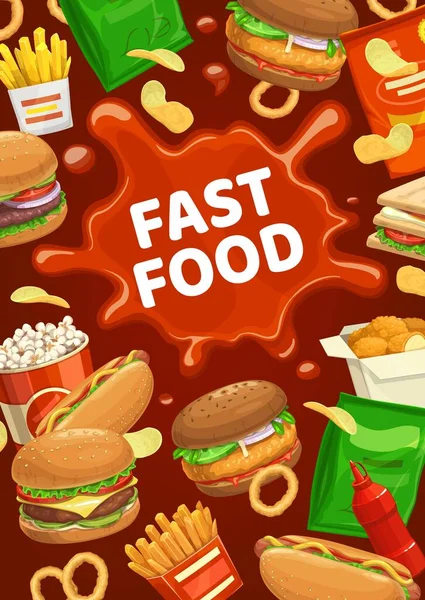 Fast food burger ve ketçaplı aperatifler. Vektör sosisli sandviç, patates cipsi ve sandviç, patates kızartması patlamış mısır ve nugget hazır fast food atıştırmalıkları. Abur cubur çizburger, hamburger posteri.