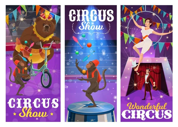 Zirkusartisten Tragen Banner Mit Bären Auf Dem Fahrrad Jonglieraffen Luftturner — Stockvektor