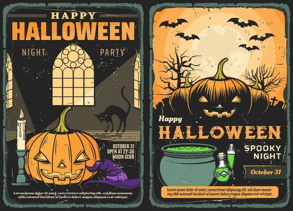 Halloween Pompoenen Vleermuizen Maan Vector Ontwerp Van Griezelige Nacht Feest — Stockvector