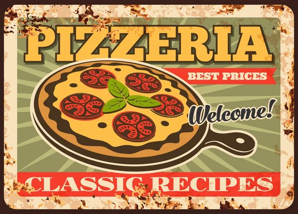 Pizza Paslı Metal Tabak Pizza Talyan Restoranı Için Vektör Paslı — Stok Vektör