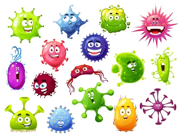 漫画のウイルス ベクトルかわいい細菌や面白い顔を持つ細菌の文字 大きな目を持つ病原体微生物モンスターを笑顔 歯と舌を持つカラフルな細胞 コロナウイルス分離アイコンセット — ストックベクタ