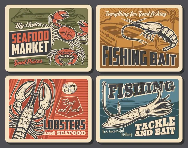 Poster Retrò Vettoriali Gamberetti Aragoste Seppie Pesca Attrezzatura Pescatore Affronta — Vettoriale Stock