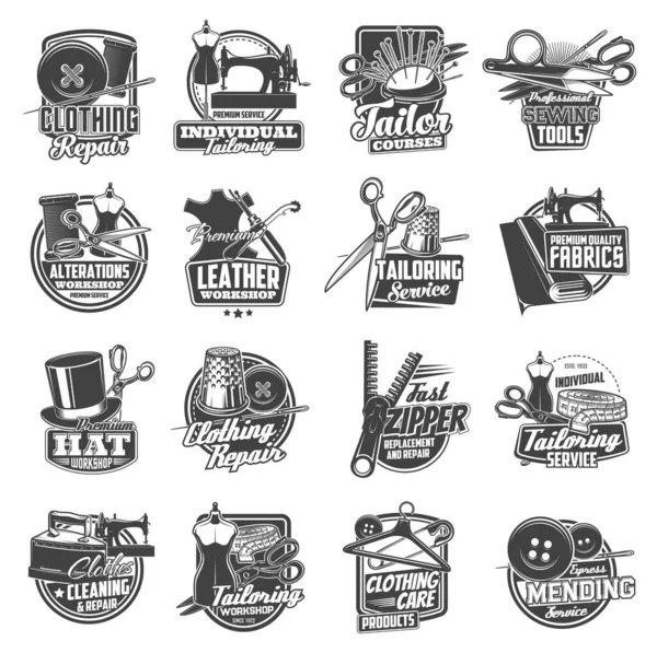 Dikiş ve terzi simgeleri, atölye ve terzinin vektör etiketleri. Terzi kadın ve giysi onarım servisi tabelaları, dikiş makinesi, iğneler ve iğneler, terzilik atölyesi düğmeleri ve iplik dikişi.