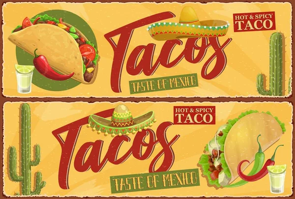 Mexikanische Tacos Retro Banner Mexikanische Street Food Mahlzeit Würzige Tacos — Stockvektor