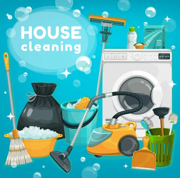 Hausreinigung Wäscheservice Haushaltsgeräte Waschmaschine Wasch Oder Spülmittelbox Bodenwischer Besen Oder — Stockvektor