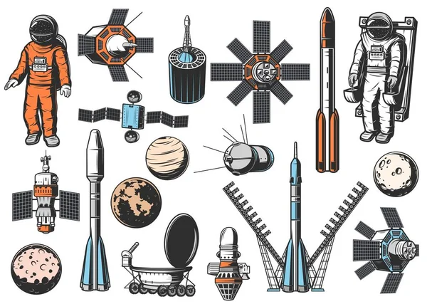 太空探索的图标设定 身穿宇航服的宇航员 用于机动装置 自然和人造卫星 火箭助推器 宇宙飞船和太阳系行星 探测漫游者分离矢量 — 图库矢量图片