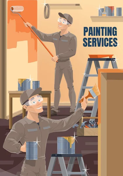Wandschilders Dienst Personeel Decoreren Kamer Schilders Uniform Veiligheid Bril Met — Stockvector