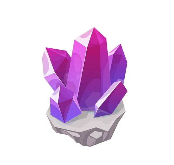 紫色魔法水晶 宝石矢量岩石或宝石 分离的矿物菊酯 铝土矿 紫水晶或石英晶体石 珍贵的珠宝和有机物品 半珍贵刚玉卡通人物 — 图库矢量图片