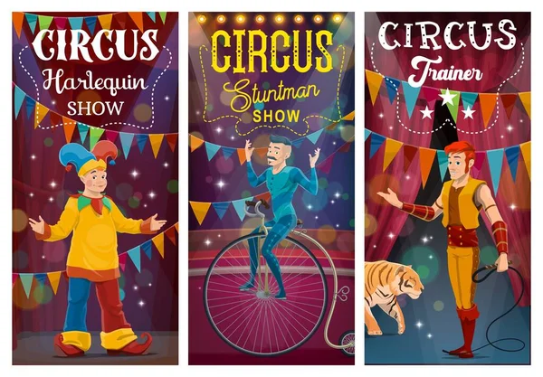 Grote Top Tent Circus Artiesten Artiesten Stripfiguren Clown Harlekijn Kostuum — Stockvector