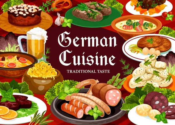 Německá Kuchyně Jídlo Vektor Banner Hamburský Bavorský Steak Vepřové Rohlíky — Stockový vektor