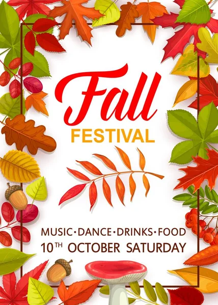 Parlak ağaç yaprakları ve mantarlı sonbahar festivali broşürü sonbahar partisi için müzik ve dansla davetiye şablonu. Kestane, russula, rowan, meşe palamudu ile karikatür tasarımı