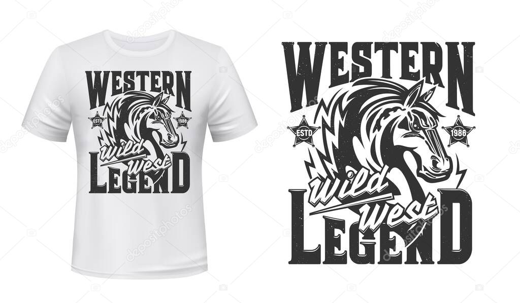 Wild west mustang t-shirt vector print. Horse trotter or stallion, sheriff star badge retro illustration and grungy typography. Western legend clothing print template, custom apparel mockup