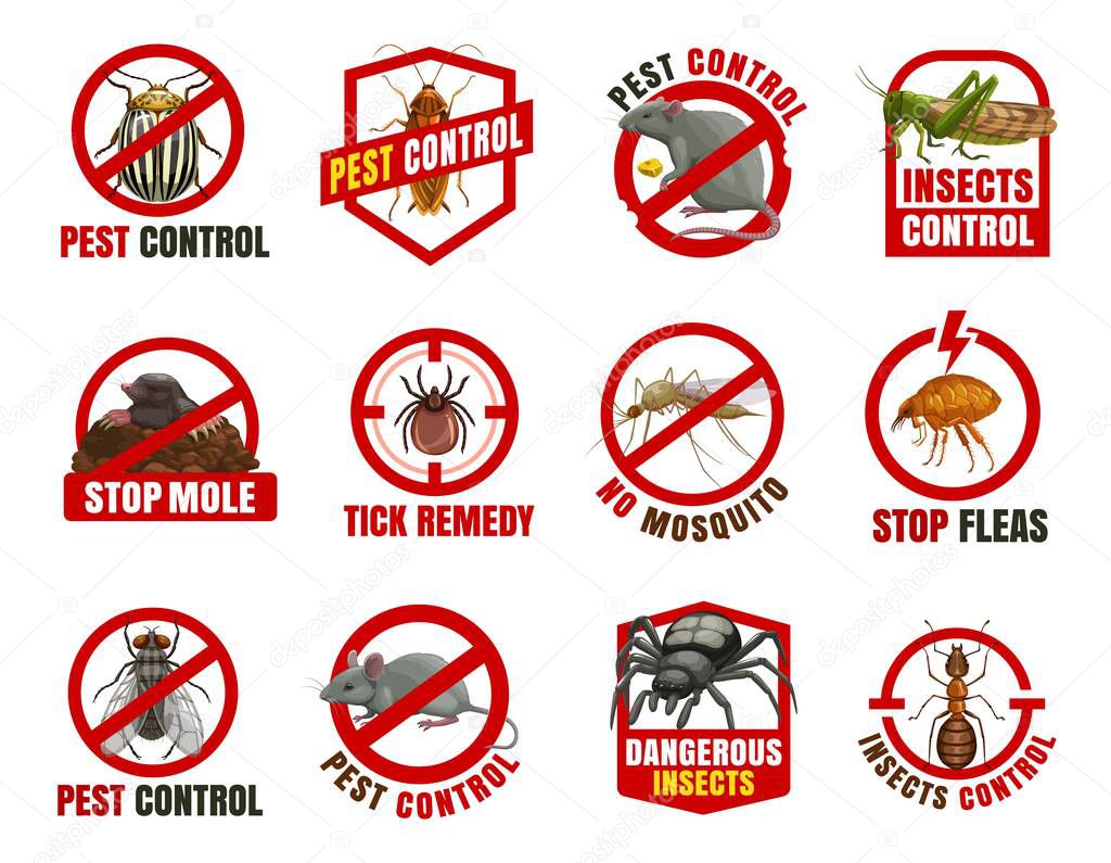 Pest control isolated vector icons. Colorado beetle, cockroach and rat with locust, mole, tick and mosquito with flea. Fly, mouse and spider with ant cartoon prohibition signs, dangerous insects warn