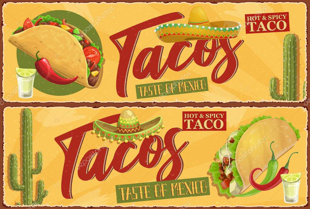 Tacos mexicanos banderas retro. Comida callejera mexicana, tacos