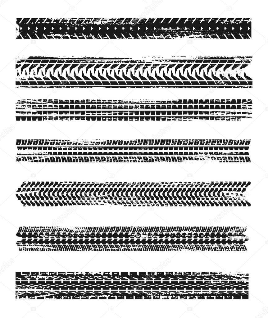Tire prints, car tyre tracks isolated grunge vector marks. Bike race, vehicle, transportation dirty wheels trace. Abstract monochrome pattern, graphic texture, automobile or motorbike offroad print