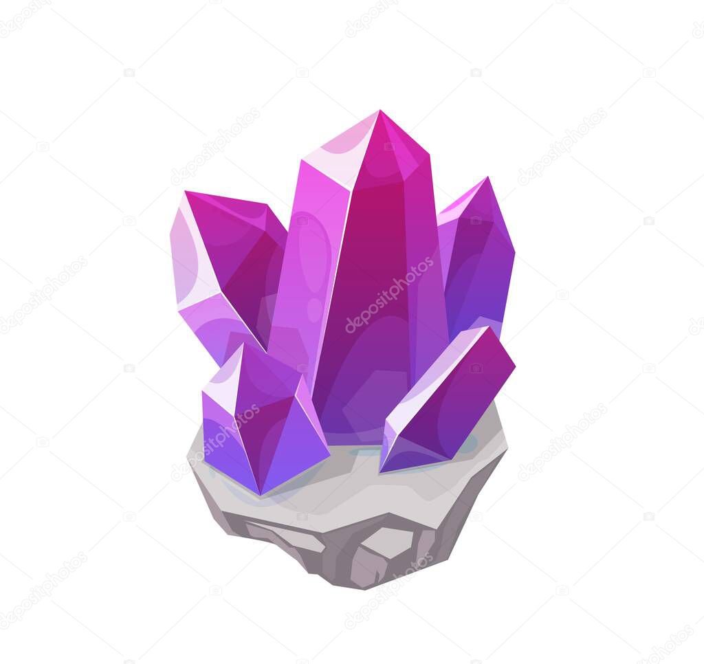 Purple magic crystal, gemstone vector rock or gem, isolated mineral chrysoberyl, alexandrite, amethyst or quartz crystalline stone. precious jewelry organic object. Semiprecious corundum cartoon icon