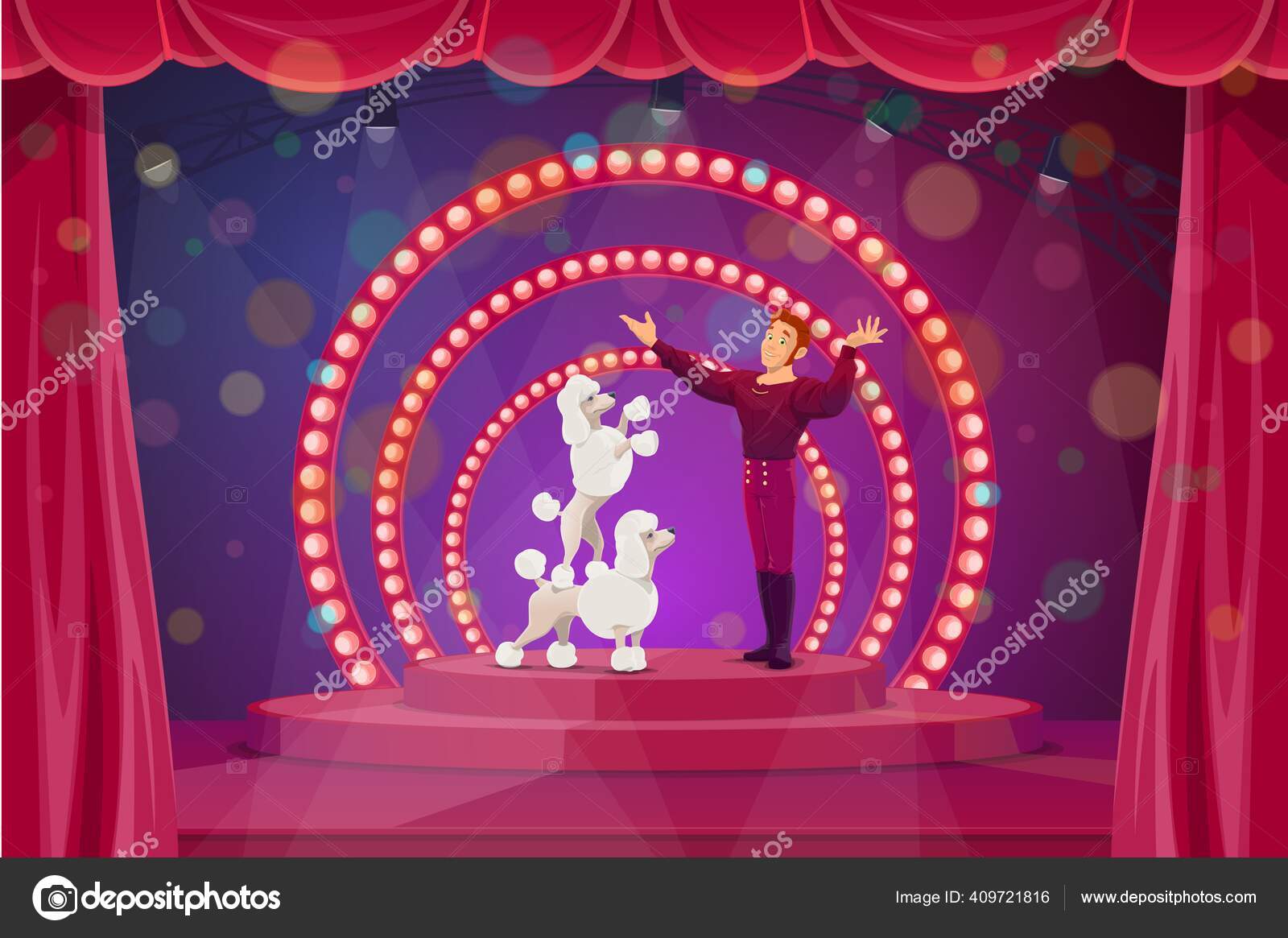 马戏团舞台与大帐篷的表演者驯服和训练的狗矢量培训师的角色表演的技巧与狮子狗现场与红色后台和聚光灯卡通马戏团表演