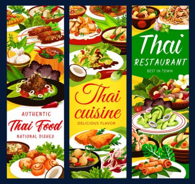 Tayland mutfağı restoran vektör pankartları. Çin böreği, zencefilli karides ve hindistan cevizi sütü, kabak ve papaya salatası, kaju tavuğu ve Tom yum, çıtır balık, Tayland pilavı ve kırmızı köri soslu tavuk çorbası.