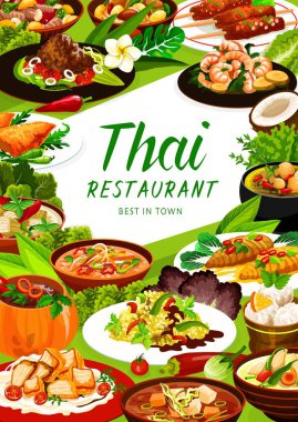 Tayland restoranı menü vektör pankartı. Tayland pilavı, fesleğen ve biber soslu balık miso ve tavuk çorbası, zencefilli karides, domuz eti satay ve köri, çıtır balık, karides çorbası ve fırında krema ile pompalama.