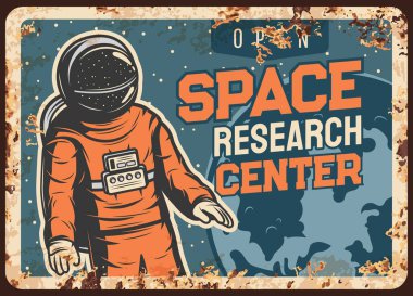 Astronot araştırmaları, açık uzay vektör paslı metal plaka, uzay adamı galaksisi kaşifi, Dünya 'nın yörüngesinde yıldızlı gökyüzünde eski model pas teneke levhası üzerinde uçuyor. Dış evrendeki kozmonot, uzay merkezi retro posteri