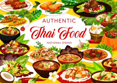 Tayland mutfağı menüsü yemek vektör pankartı. Tavuk tabağı, miso ve Tom yum çorbası, karides çorbası, körili balık köftesi ve fırında krema, hindistancevizli dondurma, beyaz patlıcan ve kırmızı köri.
