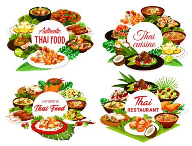 Afişlerin etrafında Tayland yemeği restoranı vektörü. Tayland mutfağı yemekleri. Mangolu pilav, köri, hindistan cevizi soslu balık, kaju soslu tavuk, domuz eti satay ve fırında biber, erişte, miso çorbası ve karides çorbası.